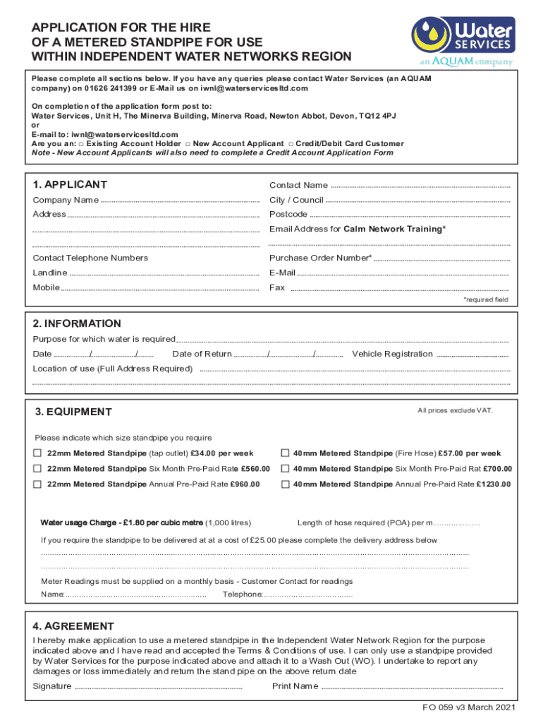 Fillable Online aquamcorp co APPLICATION FOR THE HIRE OF A METERED STANDPIPE FOR USE Fax