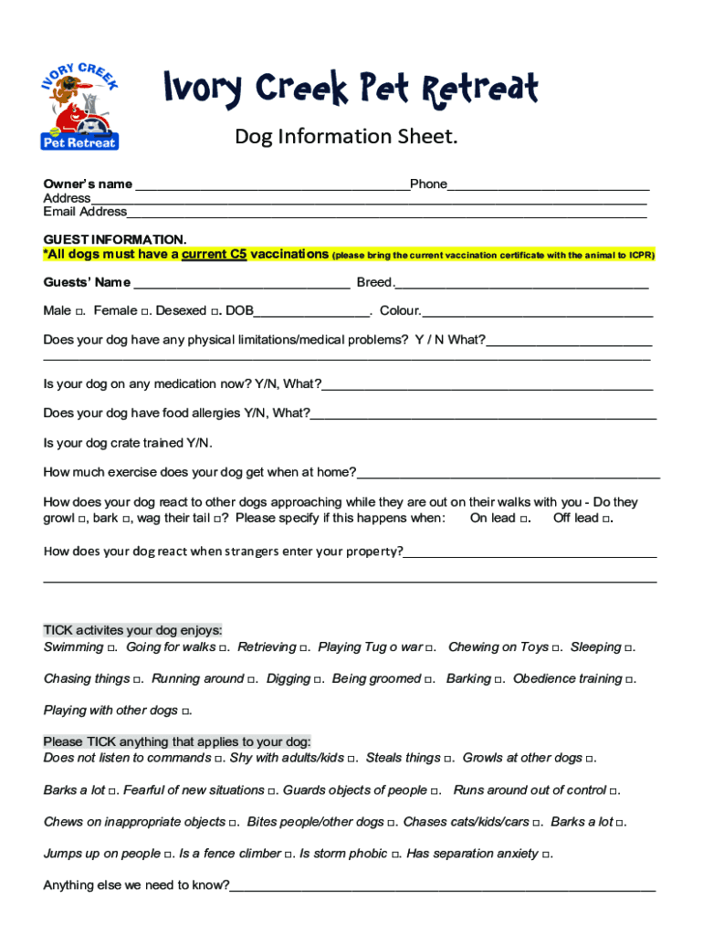 Fillable Online Know your Guest Dog Boarding Information Sheet