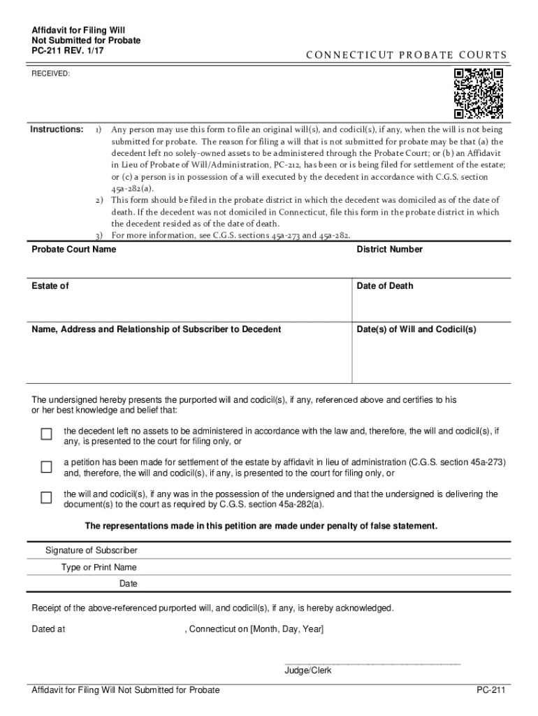 Affidavit for Filing Will Not Submitted for Probate PC-211 Preview on Page 1