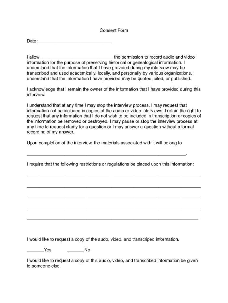 Fillable Online Sample Audio/Video Recording Consent Form Fax Email ...