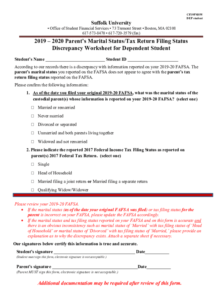 Fillable Online 20192020 Parents Marital Status/Tax Return Filing