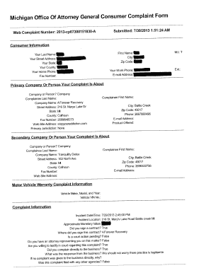 Michigan Consumer Complaint Form