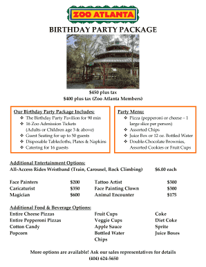 Zoo Atlanta Birthday Party Package Order Form