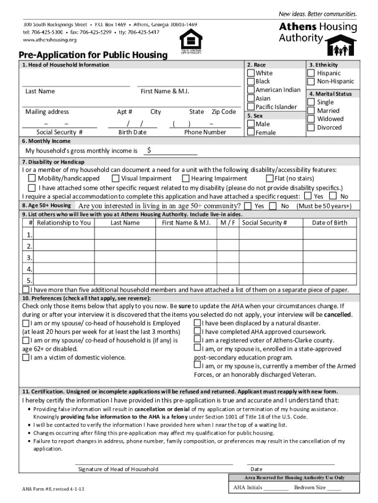 2013 Form GA Athens Housing Authority Pre Application For Public 2013 Form GA Athens Housing Authority Pre Application For Public