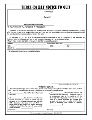 5 day notice wisconsin - THREE (3) DAY NOTICE TO QUIT Landlord(s) Tenant(s) and Does 1 to 10 inclusive TO TENANT(S) AND ALL PERSON(S) IN POSSESSION YOU ARE HEREBY NOTIFIED that the tenancy under which you occupy the premises shall end three (3) days after the date