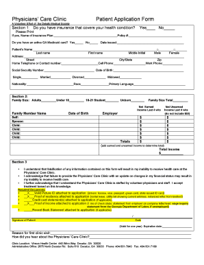 Physicians’ Care Clinic Patient Application Form