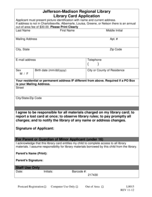 Jefferson-Madison Library Card Application