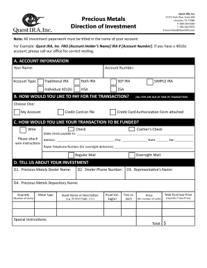 Quest IRA Precious Metals Investment Direction Form