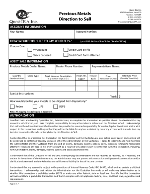 Quest IRA Precious Metals Direction to Sell