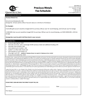 Quest IRA Precious Metals Fee Schedule