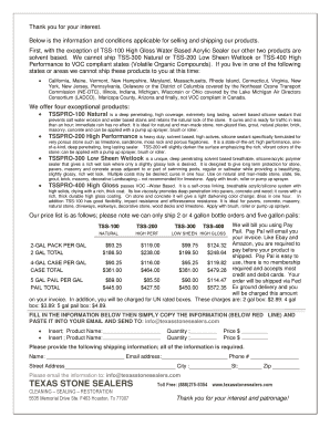 Texas Stone Sealers Product Order Form