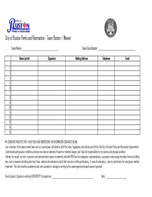 City of Ruston Parks and Recreation Team Roster Waiver