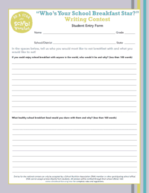 School Breakfast Star Writing Contest Entry Form