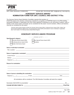 How to fill z83 form example - Honorary Service Award Nomination Form - The California State PTA - malibuhigh