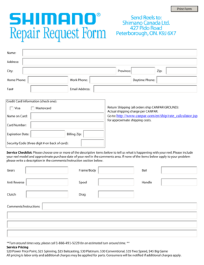 Fishing Reel Service Request Form