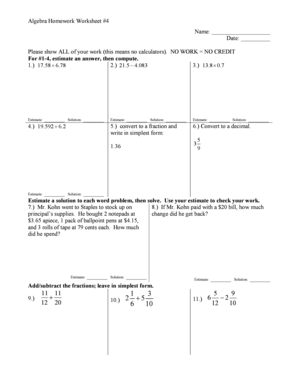 Algebra Homework Worksheet