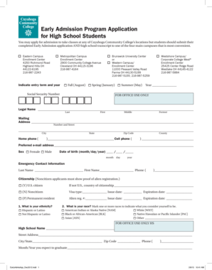 Early Admission Program Application for High School Students
