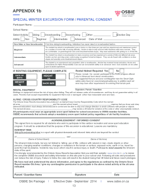 Ontario School Ski Excursion Parental Consent Form