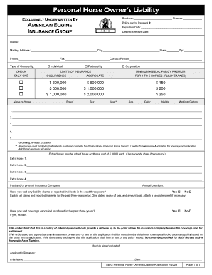 Personal Horse Owner’s Liability Application