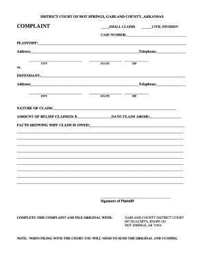 Garland County Small Claims Complaint