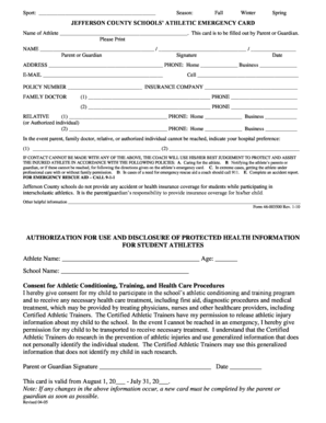 Jefferson County Schools Athletic Emergency Card