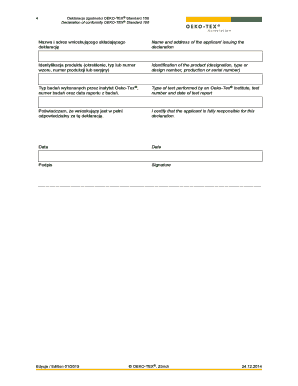 OEKO-TEX Standard 100 Declaration of Conformity