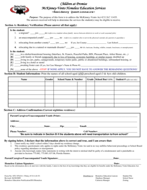 McKinney-Vento Homeless Education Residency Questionnaire