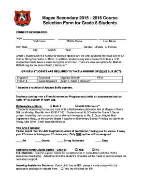 Magee Secondary 2015 - 2016 Course Selection Form for Grade 8 ...