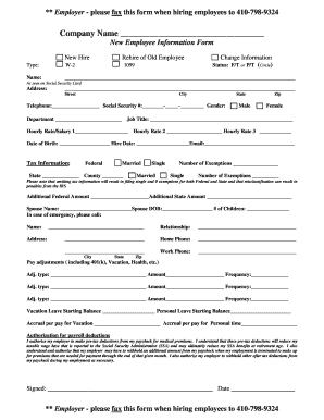 Fillable Online New Employee Form AHR 2011.doc Fax Email Print - pdfFiller