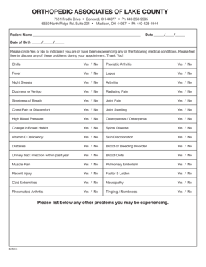 Orthopedic Associates Medical History Form