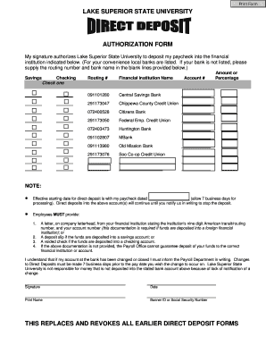 Lake Superior State University Direct Deposit Authorization Form