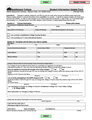 Saddleback College Student Information Update Form