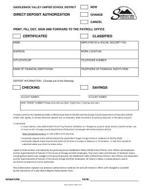 Saddleback Valley Unified School District Direct Deposit Authorization