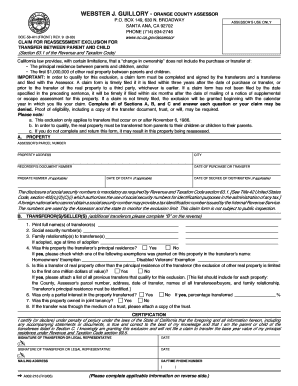 California Claim for Reassessment Exclusion for Parent-Child Transfer