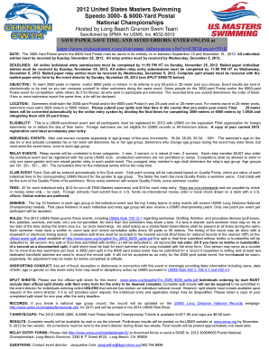 2012 USMS Speedo 3000-Yard & 6000-Yard Postal Swim National Championships Entry Form