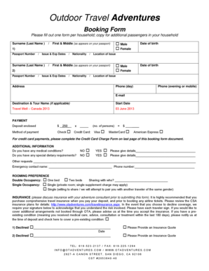 Outdoor Travel Adventures Booking Form