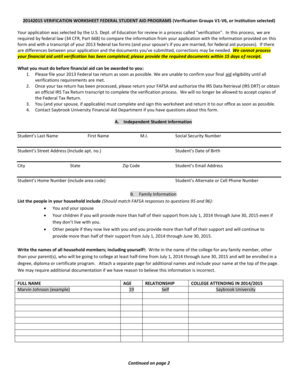 2014-2015 Verification Worksheet for Federal Student Aid