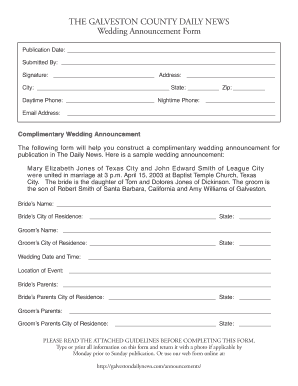 Galveston County Wedding Announcement Form