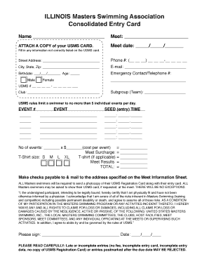 Illinois Masters Swimming Association Entry Card