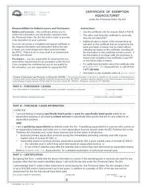 Certificate of Exemption for Aquaculturist