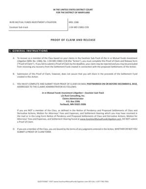 Proof of Claim and Release for Excelsior Mutual Funds Litigation