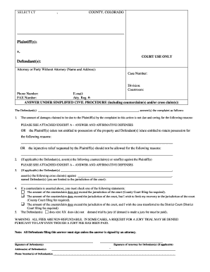 Colorado Simplified Civil Procedure Answer Form