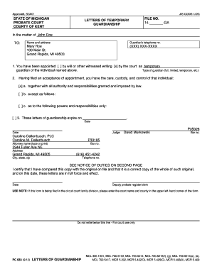 Michigan Temporary Guardianship Letters
