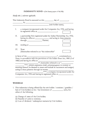 Indemnity Bond for Mutual Fund Transactions