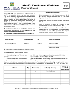 2014–2015 Verification Worksheet DEP