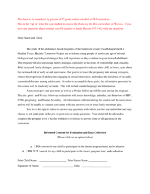Parent Consent Form for Reducing the Risk Curriculum