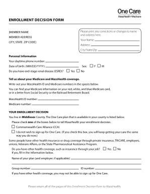 Massachusetts One Care Enrollment Decision Form