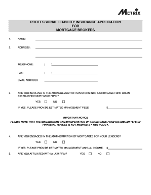 Professional Liability Insurance Application for Mortgage Brokers