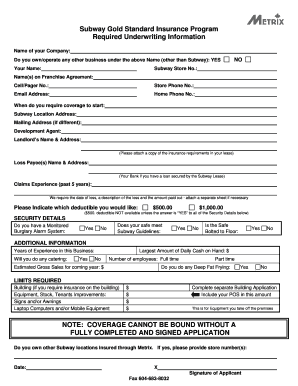 Subway Gold Standard Insurance Application