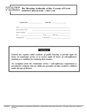 Cook County Child Care Exemption Release Form